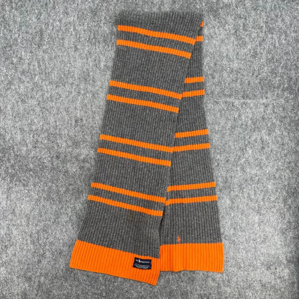 Polo Ralph Lauren Scarf Lambswool Ribbed Knit Striped Grey Orange Pony Logo